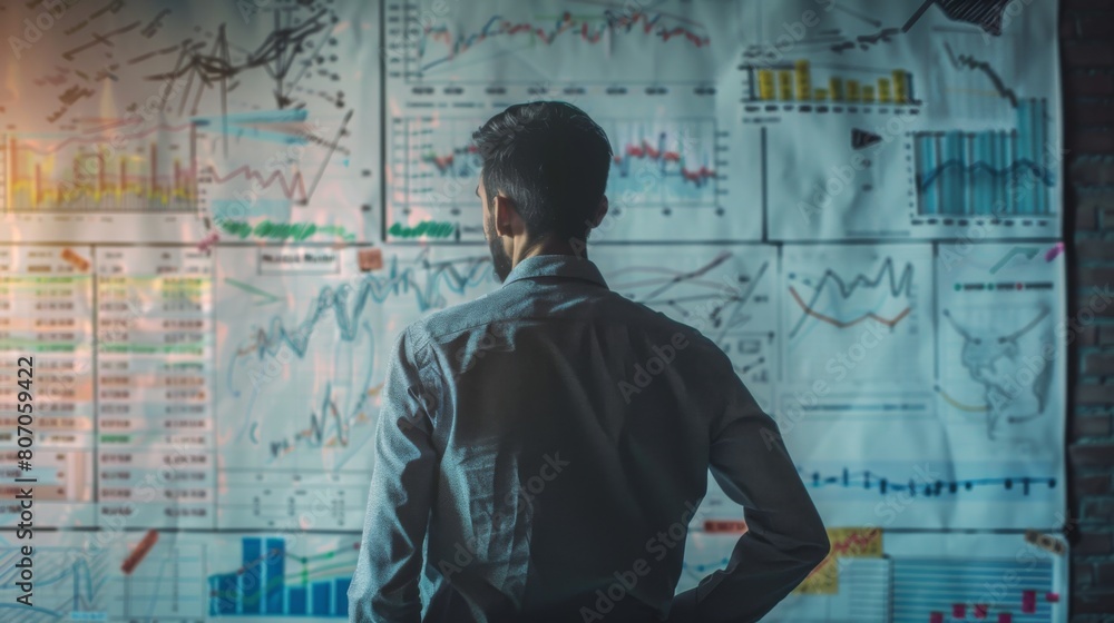 Poster a businessman brainstorming investment strategies while sketching stock market graphs and diagrams o