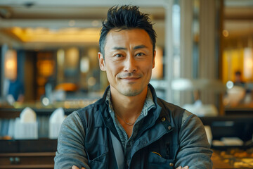 Fototapeta premium asian man in hotel lobby, traveler seeks information at guest services, planning vacation