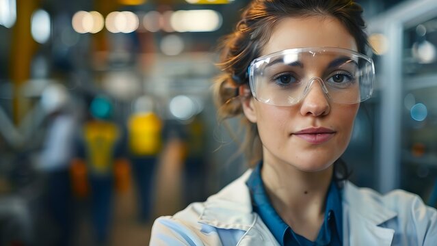 Female mechanical engineer in industrial setting with workers wearing safety glasses. Concept Mechanical Engineering, Industrial Setting, Safety Glasses, Female Worker, Photoshoot