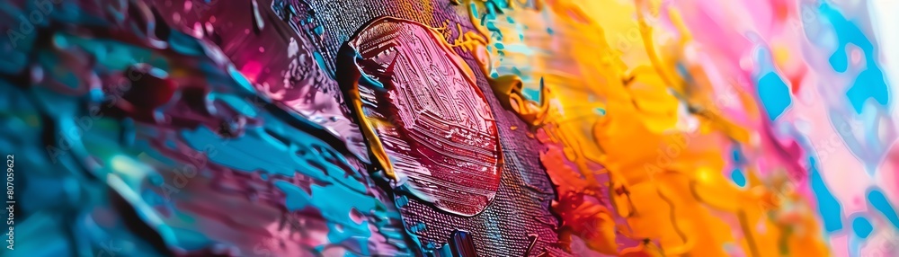 Poster capture a side view of a vibrant abstract art piece representing personal life, using unexpected cam