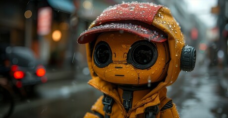 cute little robot with raindrops on its head in the street, looking curiously. City is blurred behind it. On rainy days, he wears an adorable red hat and yellow to keep warm from the cold weather. 