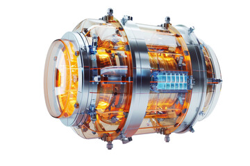 Obraz premium A large, orange, and shiny object with a clear glass shell, science fiction, isolate on white background.