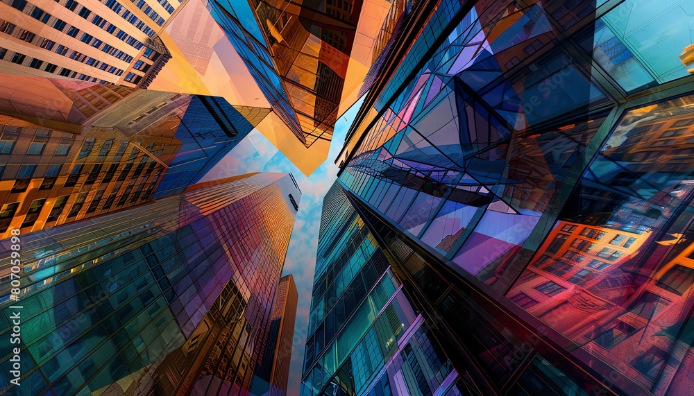 Poster capture the essence of cubism with a high-angle view of a dynamic cityscape, showcasing geometric sh