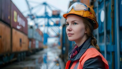 Woman working in industrial setting or freight port as engineer or laborer. Concept Female Engineer, Industrial Setting, Freight Port, Laborer, Working Woman
