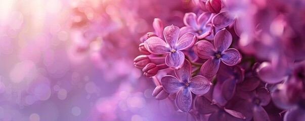Lilac branch on blurred background, banner with space for text