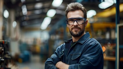 Obraz premium Portrait of a White male manufacturing worker or engineer in workplace. Concept Profession, Portrait, Workplace, Manufacturing, Engineer