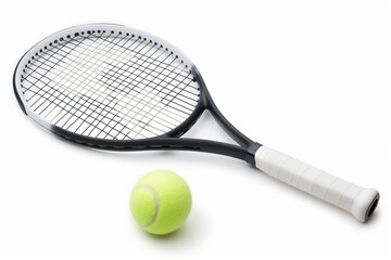 A high angle view of a black and white tennis racket with a yellow tennis ball isolated on a white background