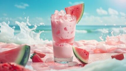 A refreshing watermelon smoothie in a tall glass, garnished with fresh watermelon pieces, surrounded by crushed ice and whole watermelons against a bright, sunny beach backdrop.