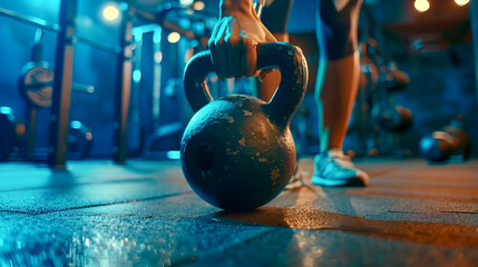 A man lifts a kettlebell in a gym