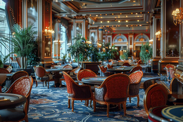 Casino interior, poker tables surrounded by empty chairs, leisure activity without players, betting scene.