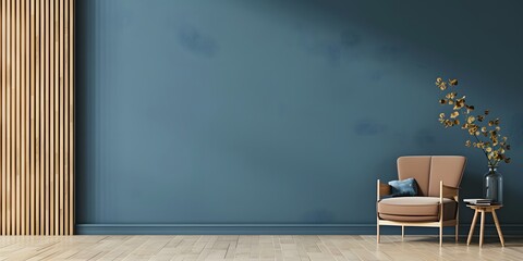 Stylish Modern wooden living room has an armchair on empty dark blue wall background