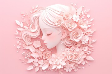 woman with rose flower hair, pink floral background