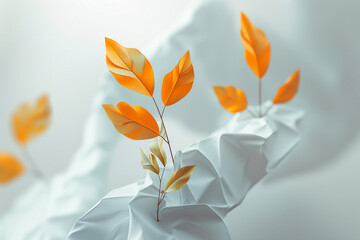 Elegant Abstract Art of Orange Leaves Emerging from Crumpled Paper