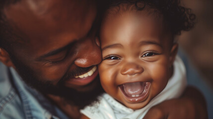 Joys of fatherhood, a strong Black dad lovingly tends to his charming baby, fostering a genuine connection between them. Their shared smiles convey a deep bond.