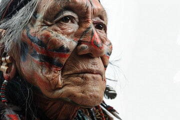 Elderly Indigenous Man with Traditional Face Paint in Detailed Close-Up
