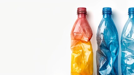 Three crushed plastic bottles lying horizontally on a white surface with vivid colorful shadows with space for text