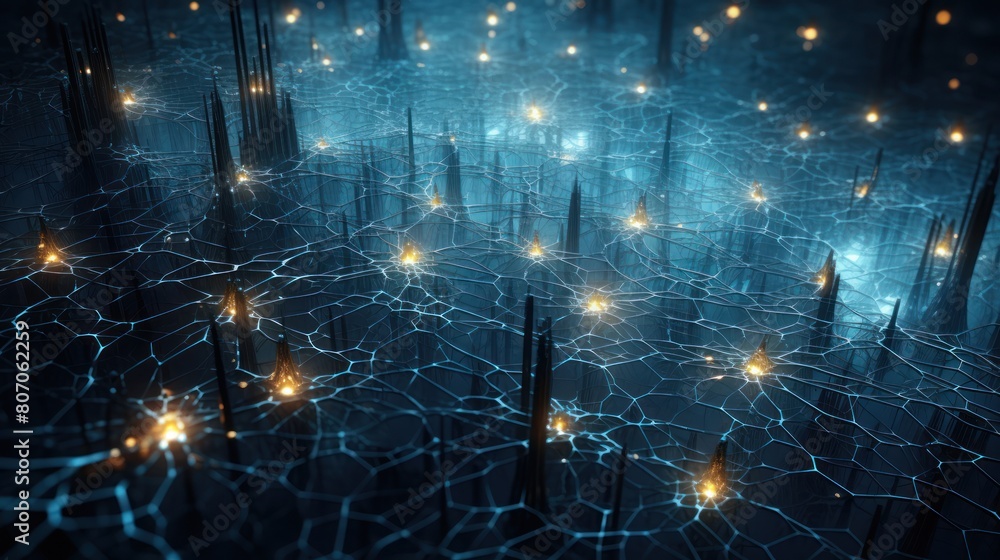 Poster a vast network of interconnected biocomputers, illuminated by the ethereal glow of bioluminescent or