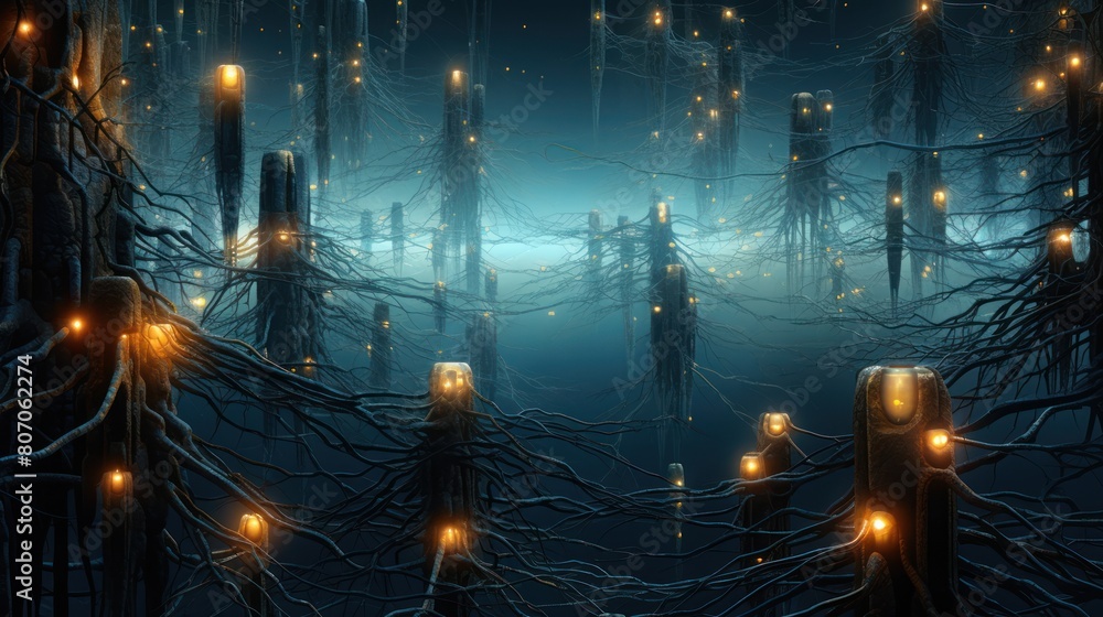 Poster a vast network of interconnected biocomputers, illuminated by the ethereal glow of bioluminescent or