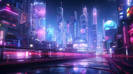 Night city panorama with lights and moving cars. 3d rendering