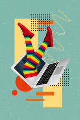 Obraz premium Vertical photo collage of new macbook device female legs peek screen advertise stockings rainbow stripes isolated on painted background