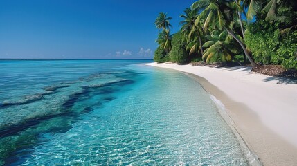 White sand with palm trees and emerald sea. A heavenly place to relax. Luxurious tropical...