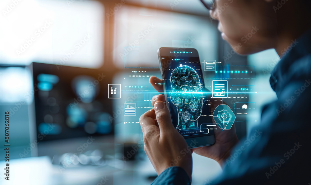 Poster facial recognition authentication app - businessman scanning face on smartphone for data access, sec