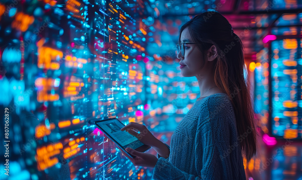 Poster young female software engineer coding big data analytics and ai algorithm - digital technology, inte