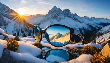Sun glasses sunrise in the mountains snow covered mountains sun glasses on the beach