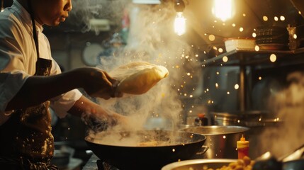 Naklejka premium A chef flipping roti dough in the air with skill and precision, demonstrating the technique and flair of Thai street food cooking.