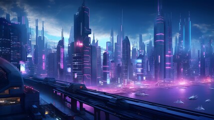 Futuristic city at night with neon lights. 3D rendering