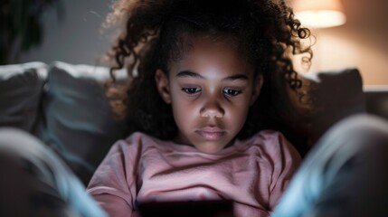 Obraz premium A young black girl is sitting on a couch, fixated on a cell phone in her hands.