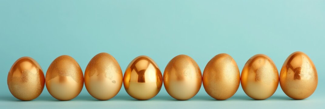 Row of golden eggs on blue background symbolizing wealth and luxury