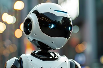 Fototapeta premium cute robot in the city blur background