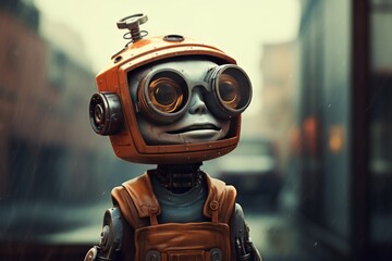 cute robot in the city blur background
