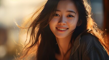 portrait of a young Asian woman with mischievous eyes and a playful smile. 