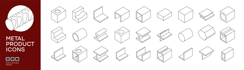 Steel products outline icon set in isometric style. Metal product icons set, steel angle, channel, rail, i beam, steel tube, pipe, rebar. Isometric 3D icons illustration