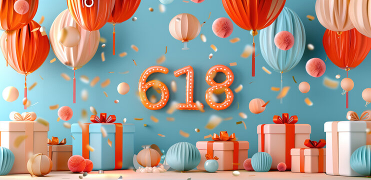 Colorful gift boxes and festive balloons with Chinese decor celebrating 618 shopping festival in China.