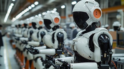 Fototapeta premium Row of advanced robots on an assembly line in an industrial setting