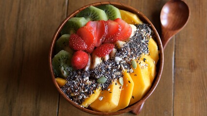 Colorful fruit smoothie bowl on table woman picking berry. Healthy blend of fruits like strawberries bananas kiwi and mango Indulge in this vibrant and healthy concoction perfect for healthy lifestyle