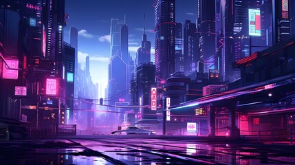 Panoramic view of modern city at night. Illustration.