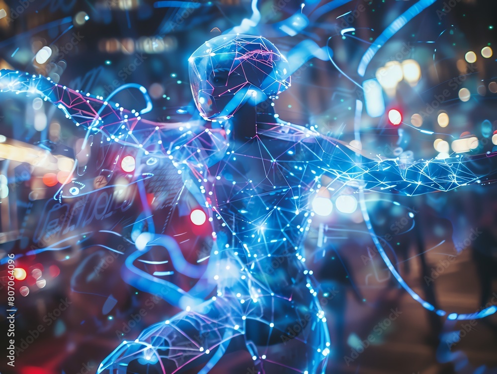 Poster capture a dynamic scene of a dancer in futuristic attire, immersed in a holographic display utilize 