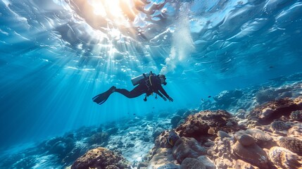 Scuba diver with coral formations in tropical underwater scene
