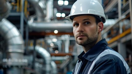 Maintenance engineer in hard hat working at factory station. Concept Industrial Equipment, Factory Maintenance, Engineering Solutions, Safety Compliance, Hard Hat Essentials