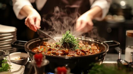 A chef presenting a beautifully garnished hot pot dish, garnished with fresh herbs and spices, appealing to both the eyes and the palate.
