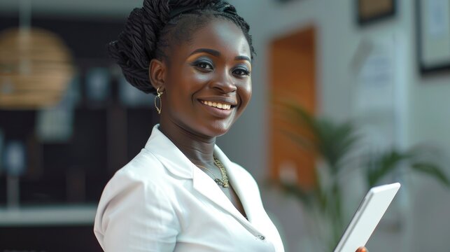 Portrait Of A Happy African Businesswoman Holding A Digital Tablet In Her Office, Background HD For Designer        