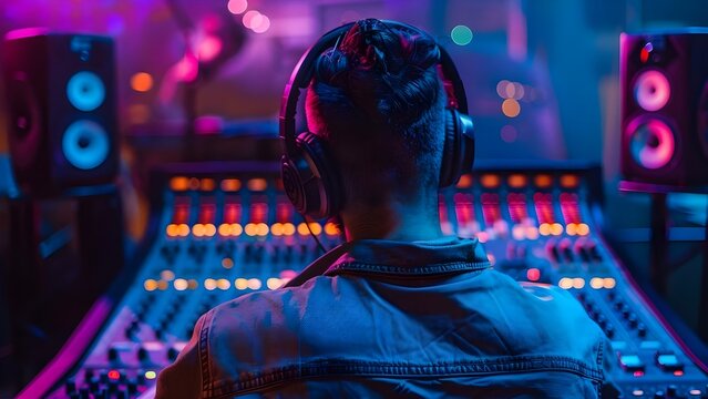 Image of man at mixing desk with headphones depicting music producer. Concept Music Production, Studio Equipment, Headphones, Mixing Desk, Music Producer