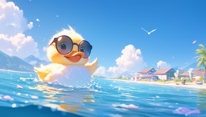 A cute little duckling wearing sunglasses, smiling and floating in the water, with a clear blue sky and beautiful scenery behind it. 