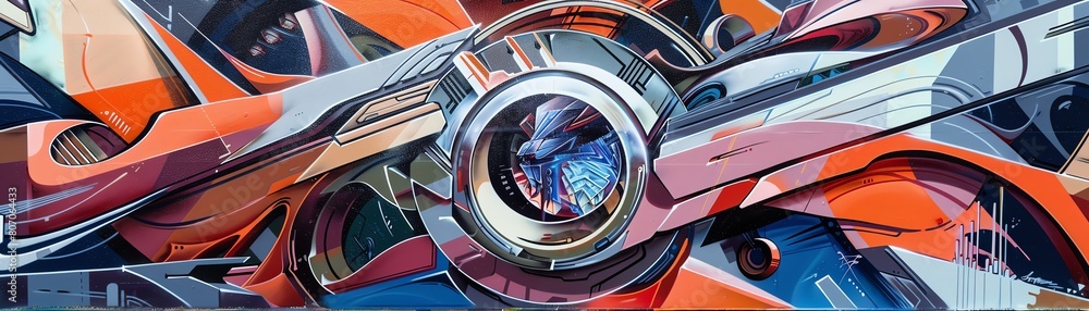 Poster capture a photorealistic, frontal view of a futuristic street art mural blending advanced technologi