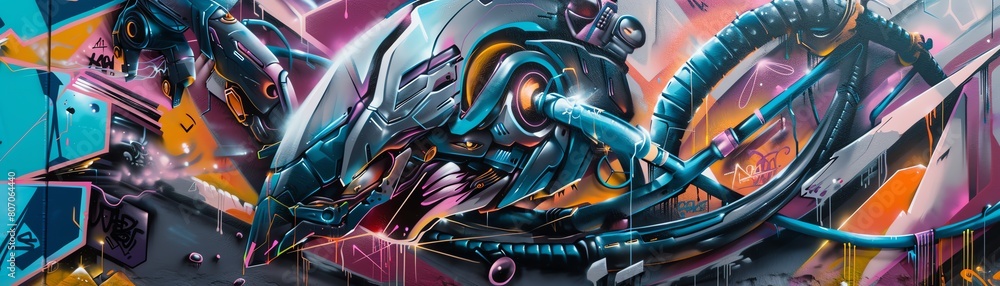 Poster capture a photorealistic, frontal view of a futuristic street art mural blending advanced technologi