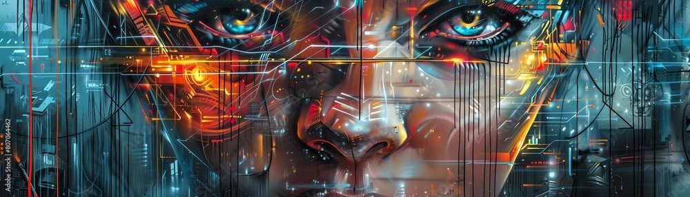 Poster capture a photorealistic, frontal view of a futuristic street art mural blending advanced technologi